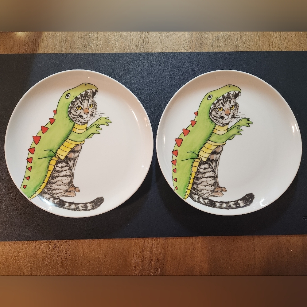 West Elm x Rachel Kozlowski Salad Plate Tabby Cat In T-Rex Costume, 2 Plates